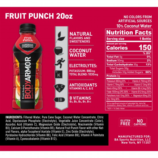BODYARMOR Sports Drink Fruit Punch, 20 fl oz, 6 Pack