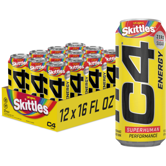 C4 Energy Drink, Skittles, Sugar Free, Carbonated Pre Workout Drink, 16 oz,  12 pack