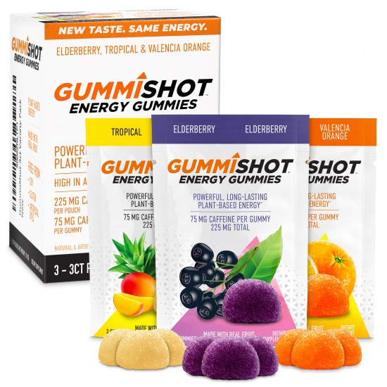 GummiShot Energy Gummies, 225 mg of Plant-Based Caffeine Chews per Pouch, Long Lasting Energy Boosters, Variety (3-Pack)