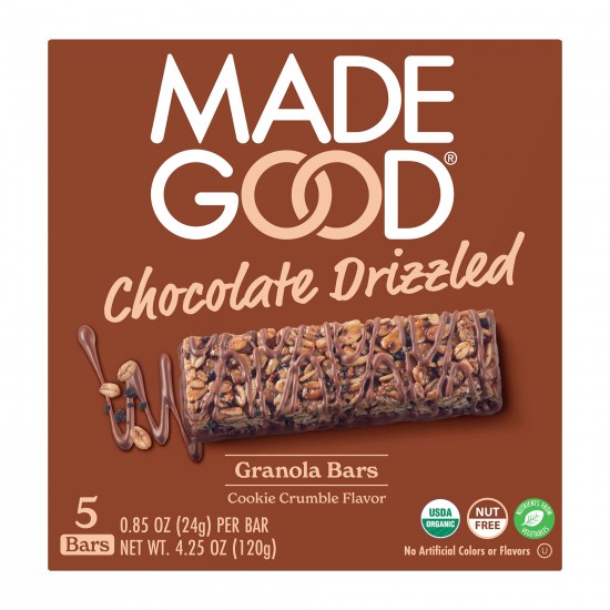 MadeGood Chocolate Drizzled Cookie Crumble Granola Bars, 5 Healthy Snack Bars, 0.78 oz Each
