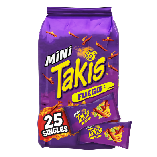 Takis Mini Fuego Rolled Spicy Tortilla Chips, Hot Chili Pepper Lime Flavored, Multipack 25 Individual Snack Packs, 1.23 Ounces Each, Net Weight of 30.75 Ounces