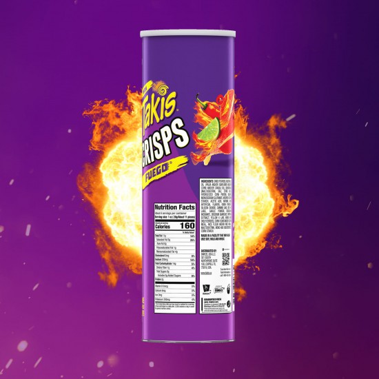 Takis Crisps Fuego Potato Crisps, Hot Chili Pepper and Lime Artificially Flavored, 5.5 Ounce Canister