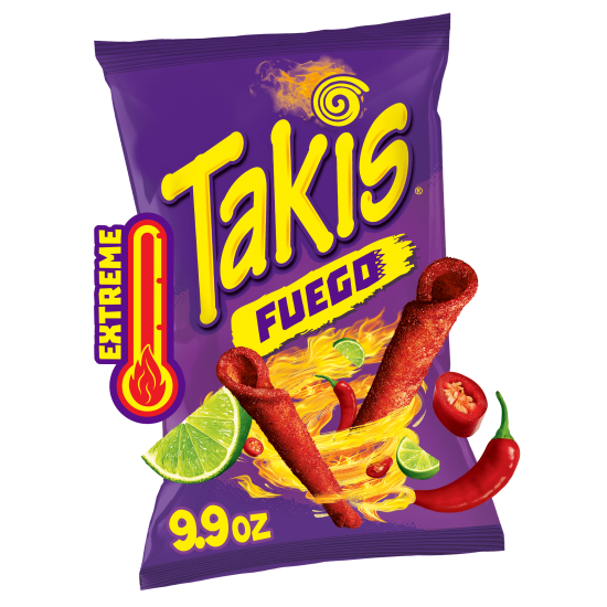 Takis Fuego Rolled Tortilla Chips, Hot Chili Pepper and Lime Artificially Flavored, 9.9 Ounce Bag